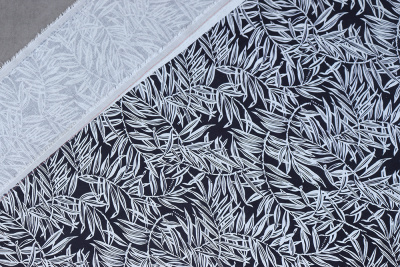 Лен-вискоза 3482 Листья Белый/т.синий - изображение