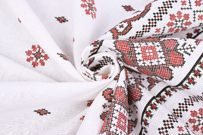 Рогожка набивная Красно-черный бордюр, снежинки на белом - изображение