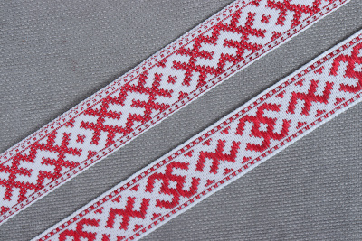 Лента 17мм жаккардовая 9711 Славянский орнамент Оберег Белый/красный - изображение