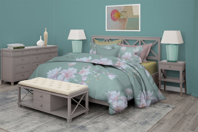 Сатин набивной 220 Цветы на зеленом - изображение