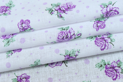 Ситец 80 набивной 85 гр/м.кв. Сиреневые розы на белом - изображение