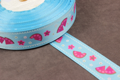 Репсовая лента с рисунком 25мм Арбузы на голубой - изображение