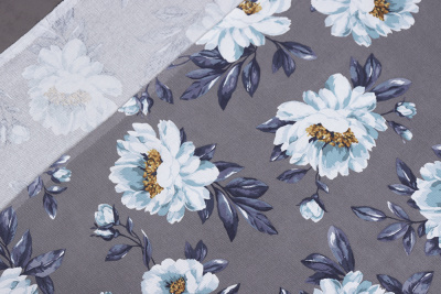 Рогожка набивная Пиония на сером - изображение