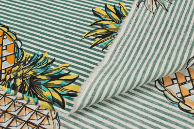 Хлопок набивной Ананасы на бело-зеленой полоске - изображение