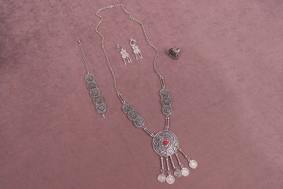 Комплект этнических украшений №128 Античное серебро/Красный - изображение