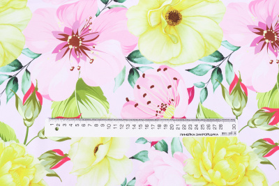 Габардин набивной Желтые/розовые цветы на белом - изображение