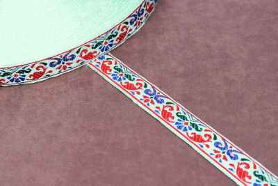 Лента 17мм жаккардовая 9119 Цветы Мятный/красный/синий/зеленый - изображение