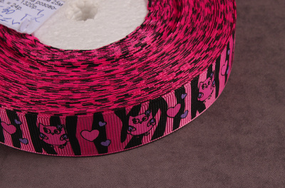 Репсовая лента с рисунком 25мм Совы на розово-черном - изображение