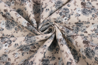 Лен набивной П-25 150 ИВ Розочки на бежевом - изображение