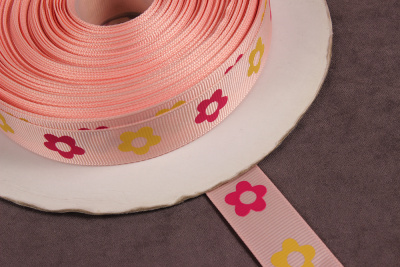 Репсовая лента с рисунком 20мм Желтые/малиновые цветы на персиковом - изображение