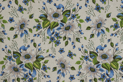 Лен набивной П-25 150 ИВ Голубые цветы на бежевом - изображение