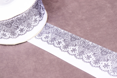 Репсовая лента 40мм Кружево Т.Серый/Белый - изображение