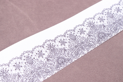 Репсовая лента 40мм Кружево Т.Серый/Белый - изображение