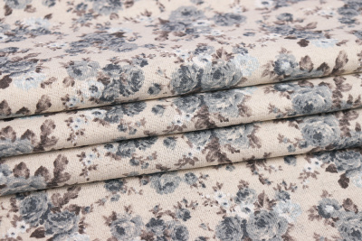 Лен набивной П-25 150 ИВ Розочки на бежевом - изображение