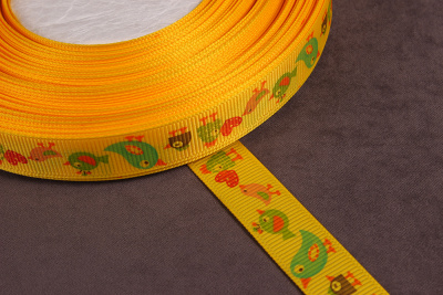 Репсовая лента с рисунком 15мм Птицы Желтый/голубой/красный/зеленый - изображение