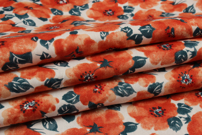 Хлопок набивной Красно-оранжевые цветы на белом - изображение