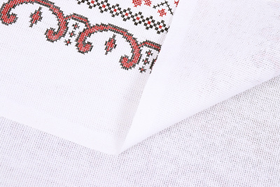 Рогожка набивная Красно-черный бордюр, снежинки на белом - изображение