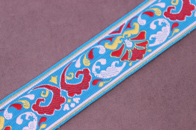 Лента 30мм жаккардовая 9117 Цветок Красный на голубом - изображение