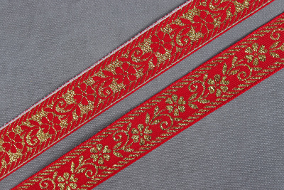 Лента 23мм жаккардовая 9839 Цветы Красный/золото - изображение