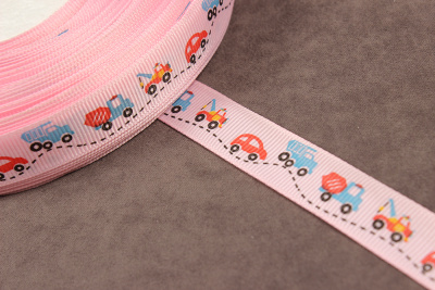 Репсовая лента с рисунком 15мм Машины Розовый/красный/голубой/черный - изображение