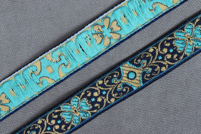 Лента 17мм жаккардовая 8756  Черный/Бирюза/Золото - изображение