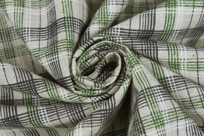 Лен набивной П-25 150 ИВ Черно-зеленая клетка на бежевом - изображение