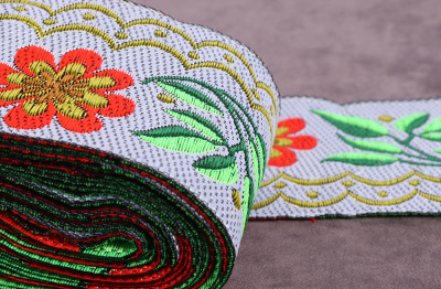 Тесьма жаккардовая 50мм Цветы на сером - изображение