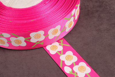 Репсовая лента с рисунком 25мм Цветы Яр.розовый/белый/зеленый/оранжевый - изображение
