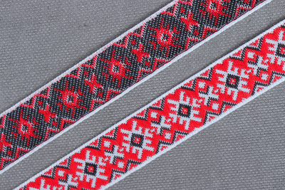 Лента 17мм жаккардовая 9651 Славянский орнамент Оберег Красный/белый/черный - изображение