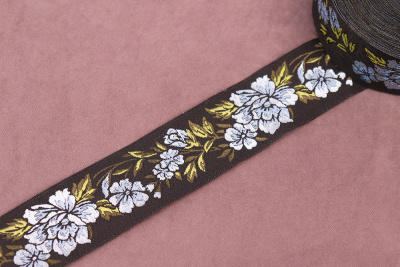 Тесьма 35мм жаккардовая Пионы Черный/Голубой/Зеленый - изображение