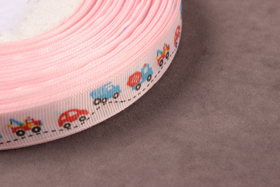 Репсовая лента с рисунком 15мм Машины Св.розовый/красный/голубой/черный - изображение