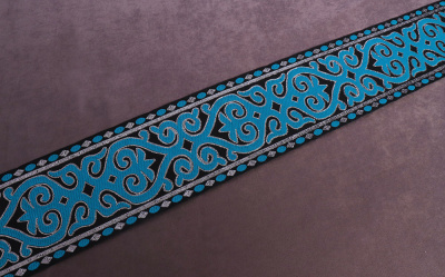 Тесьма жаккардовая 100мм Орнамент Черный/Бирюза/Серебро - изображение