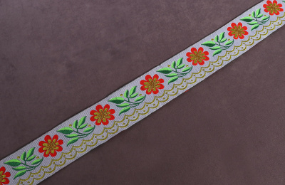 Тесьма жаккардовая 50мм Цветы на сером - изображение