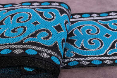 Тесьма жаккардовая 100мм Орнамент Черный/Бирюза/Серебро - изображение