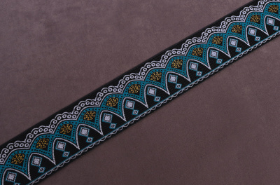 Тесьма жаккардовая 50мм Орнамент Черный/Бирюзовый - изображение