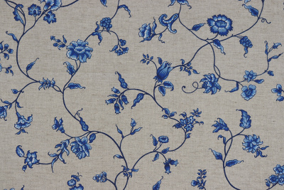 Лен набивной П-25 150 ИВ Синие цветы на бежевом - изображение