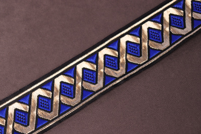 Тесьма жаккардовая 33мм Орнамент Синий/Черный/Св.Золото - изображение