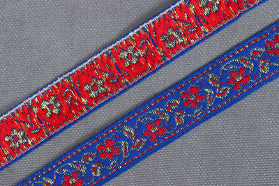 Лента 17мм жаккардовая 9599 Цветочек Синий/красный/золото - изображение