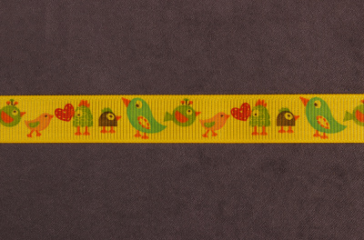 Репсовая лента с рисунком 15мм Птицы Желтый/голубой/красный/зеленый - изображение