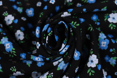 Штапель набивной ANNA 121473 Голубые цветы на черном - изображение