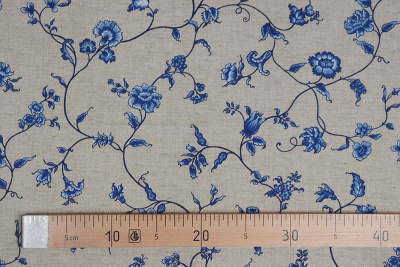 Лен набивной П-25 150 ИВ Синие цветы на бежевом - изображение