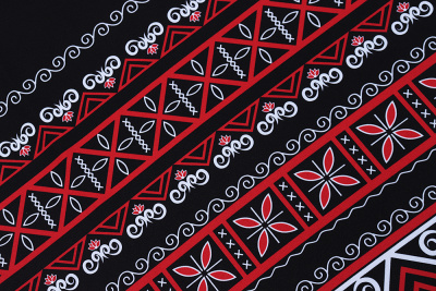 Габардин набивной бордюр Славянский рисунок на черном - изображение