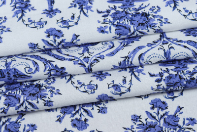 Штапель набивной 11978 Орнамент синий на белом - изображение