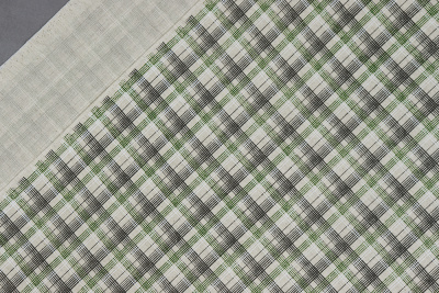 Лен набивной П-25 150 ИВ Черно-зеленая клетка на бежевом - изображение