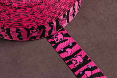 Репсовая лента с рисунком 25мм Совы на розово-черном - изображение