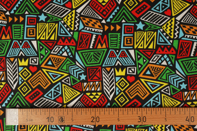 Бязь набивная 262 Ив 122 гр/м о/м Цветная абстракция на черном - изображение