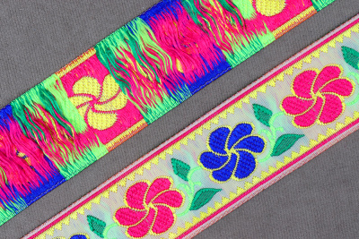 Тесьма жаккардовая 33мм №31 Цветы Синий/Зеленый/Розовый/ - изображение