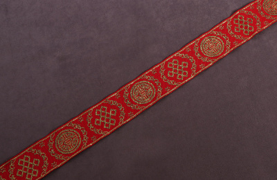 Тесьма жаккардовая 33мм Этнические узоры Красный/Золото - изображение