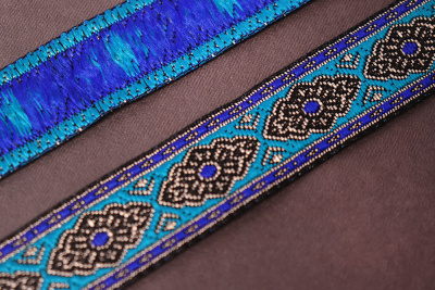 Тесьма жаккардовая 20мм Орнамент Синий/Бирюзовый/Черный - изображение