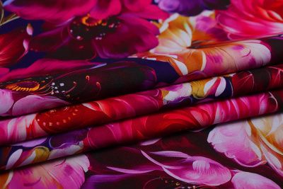 Габардин набивной Пионы на т.синем. Габардин набивной Пионы на т.синем. - изображение